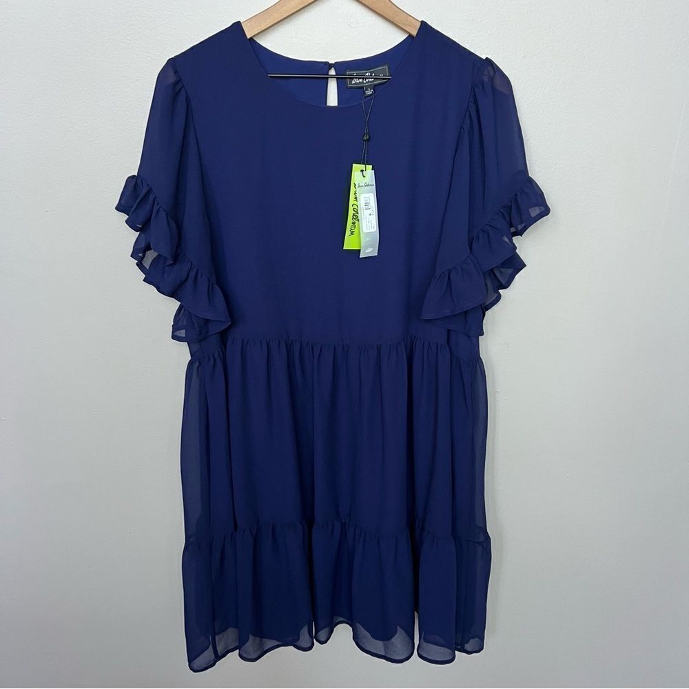 Sam Edelman Navy Chiffon Ruffle Sleeve Tier Sheath Dress Size Large NWT